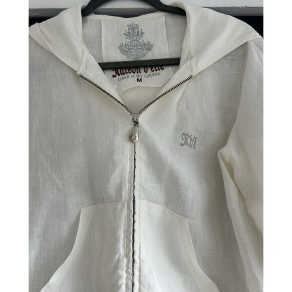 Raison D'etre Ladies White 100% Linen 1/2 Sleeve Hoodie Jacket with Zip Size M - Picture 2 of 8